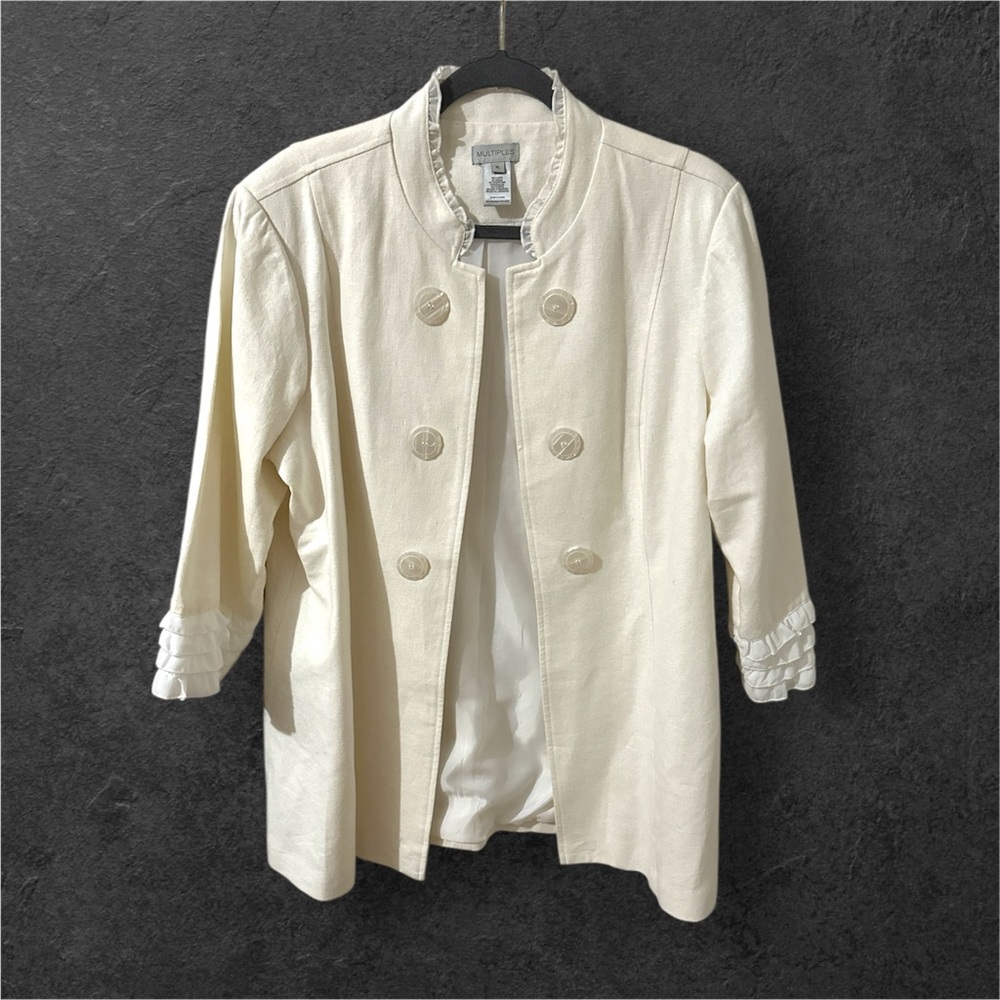 Multiples Ruffled Button Cream And White Linen Bl… - image 1